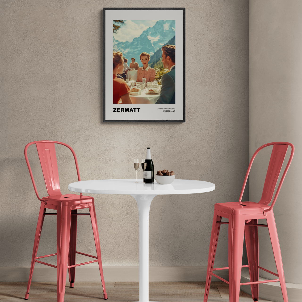Alpine Romance in Zermatt - Poster featuring a vintage scene of dining in Zermatt, surrounded by alpine mountains.