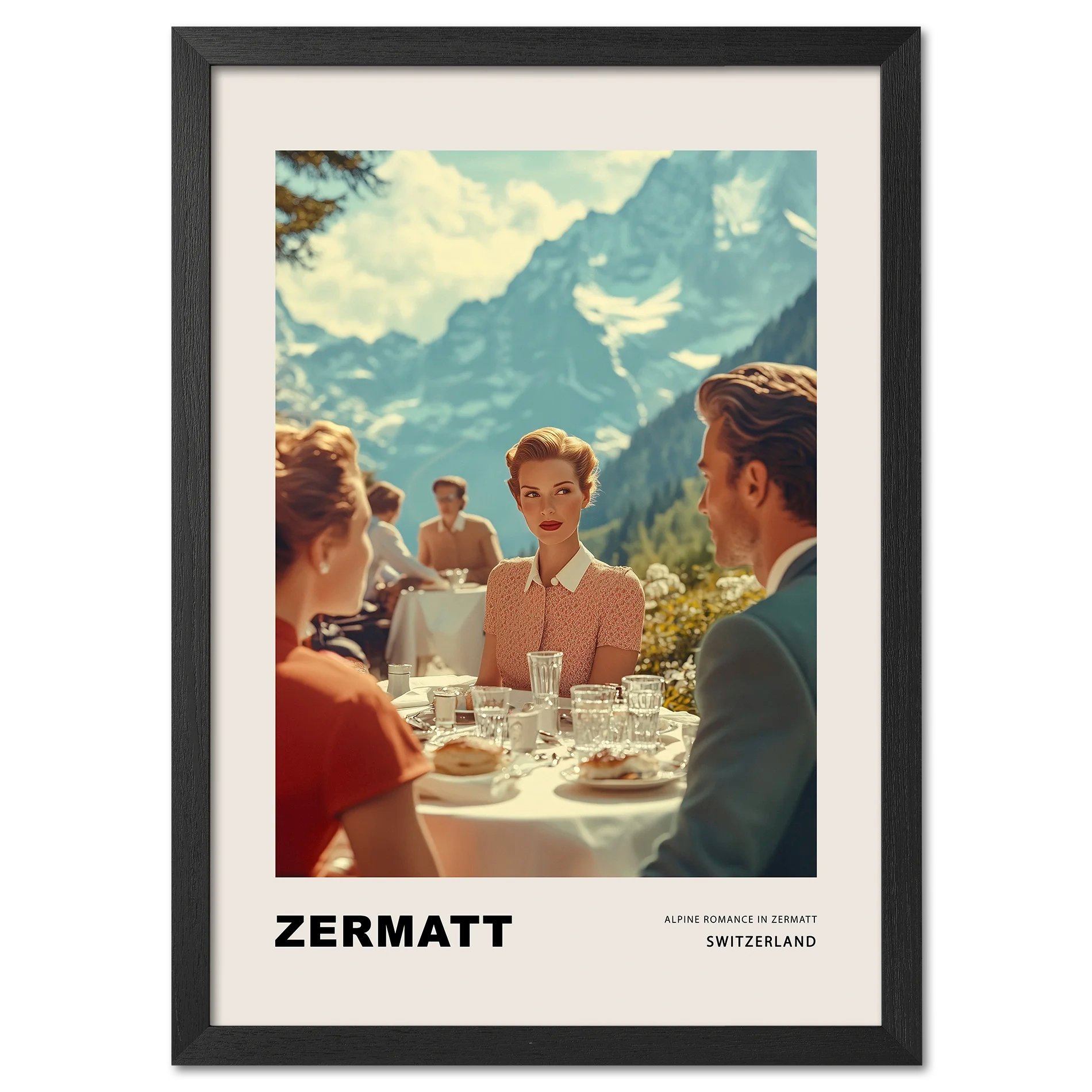 Alpine Romance in Zermatt - Poster featuring elegantly dressed people dining in a scenic alpine setting.
