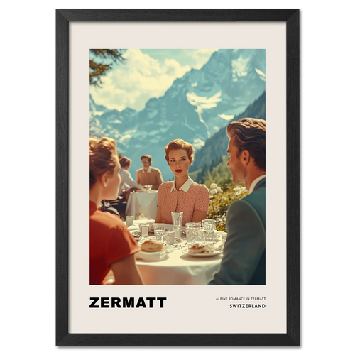 Alpine Romance in Zermatt - Poster featuring elegantly dressed people dining in a scenic alpine setting.