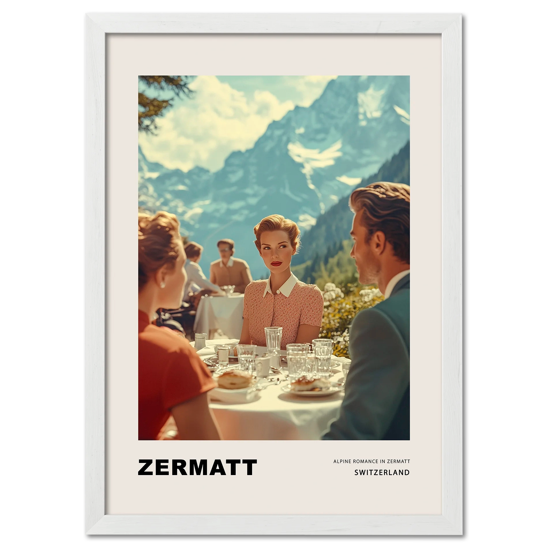 Alpine Romance in Zermatt - Poster showcasing a vintage outdoor scene with elegantly dressed people in Zermatt.