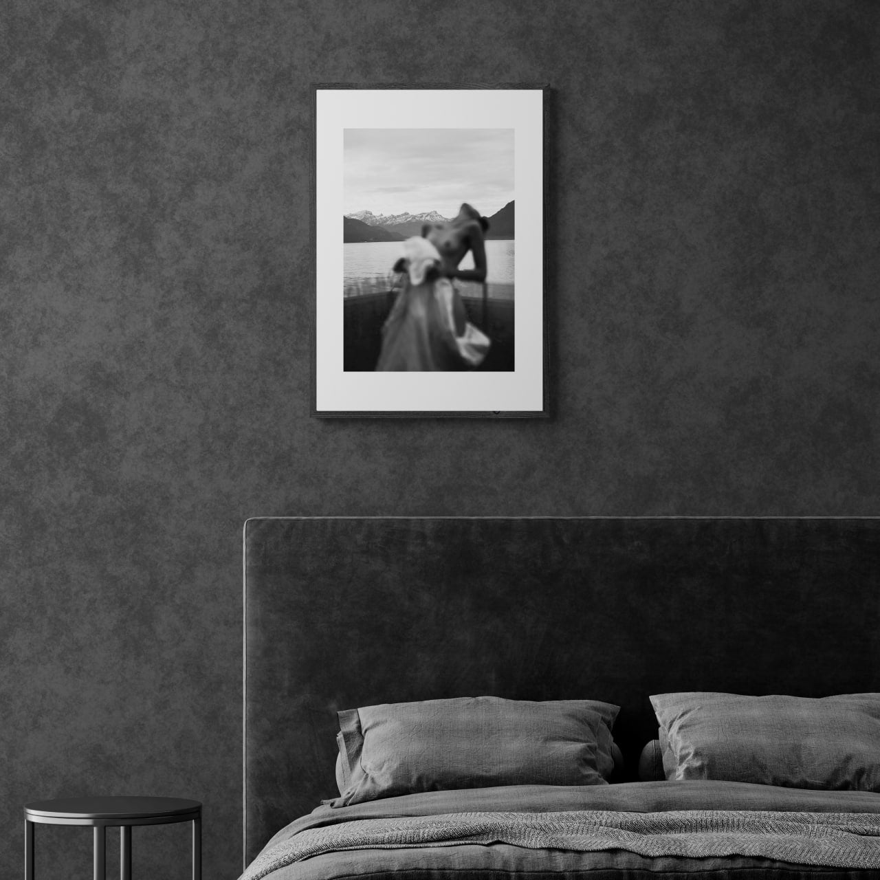 Alpine Silhouette - Poster framed in a modern bedroom, featuring a blurred silhouette and snowy mountains.