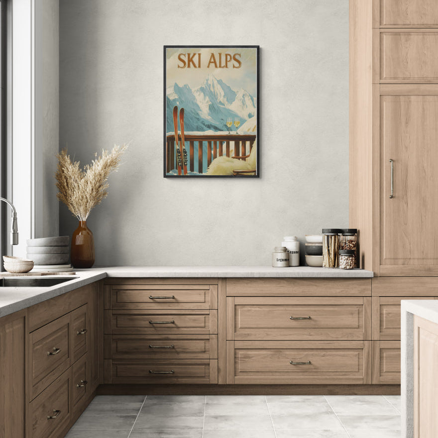 Alpine Ski Escape - Poster displayed in a modern kitchen, featuring skis and snowy mountain art.