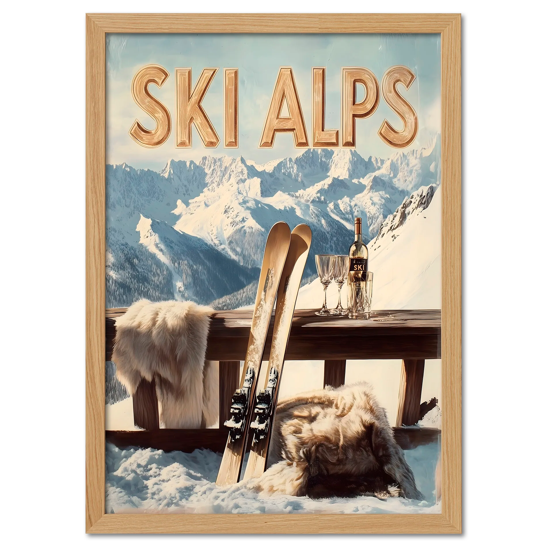Alpine Ski Escape - Poster featuring skis, wine, and a cozy setup in snowy Alps with mountain backdrop.