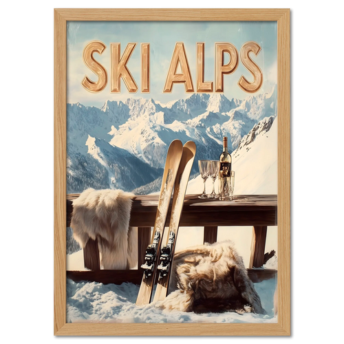 Alpine Ski Escape - Poster featuring skis, wine, and a cozy setup in snowy Alps with mountain backdrop.