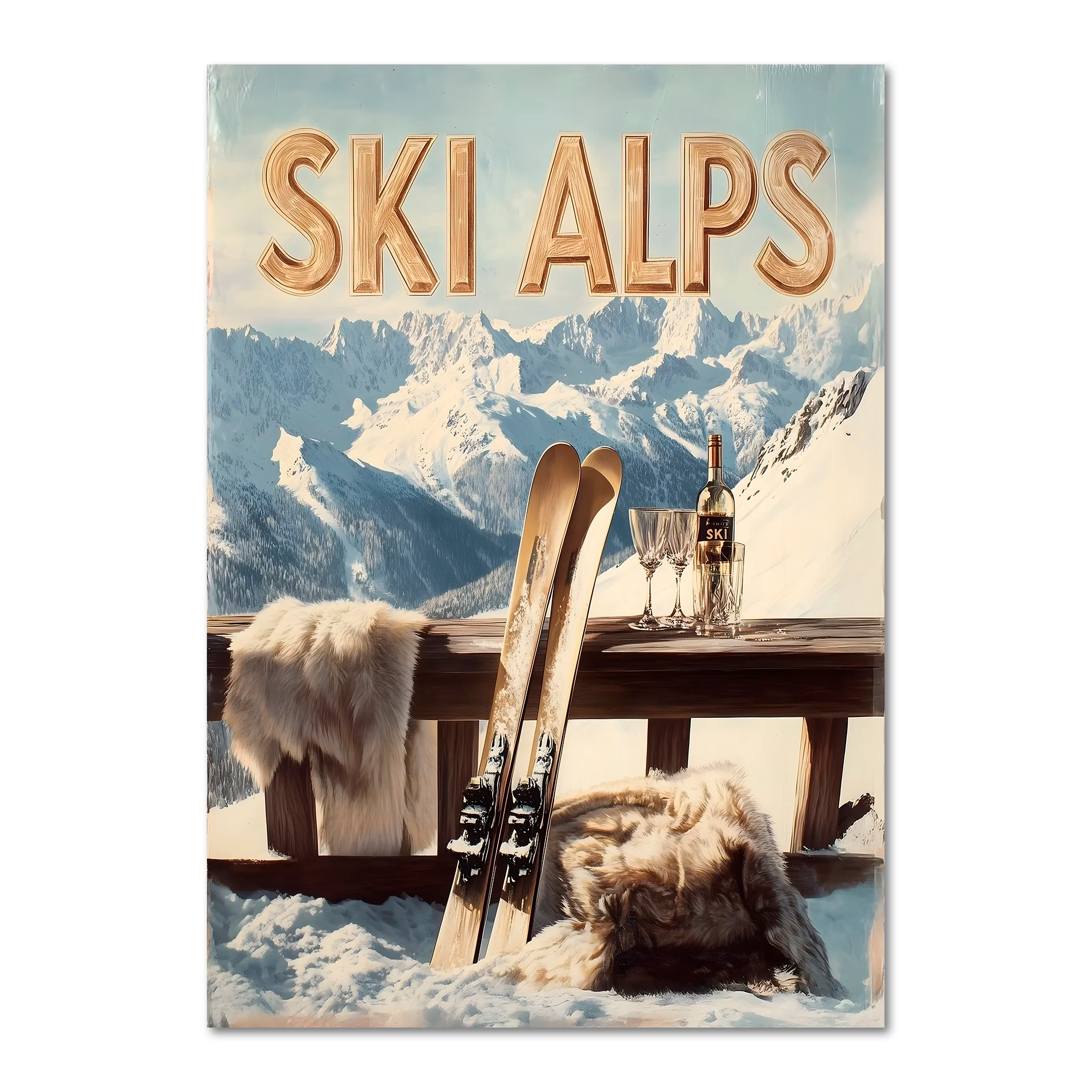 Alpine Ski Escape - Poster featuring skis and cozy après-ski scene in the Alps with mountains and sunlight.