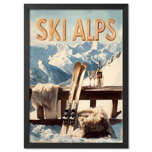 Alpine Ski Escape - Poster featuring skis and a cozy après-ski scene in the Alps with snowy mountain views.