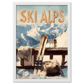 Alpine Ski Escape - Poster featuring skis and wine on a terrace with snowy mountains in the background.