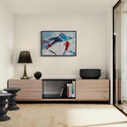 Two skiers on the mountain - Poster displayed in a modern living room interior, highlighting dynamic alpine skiing art.
