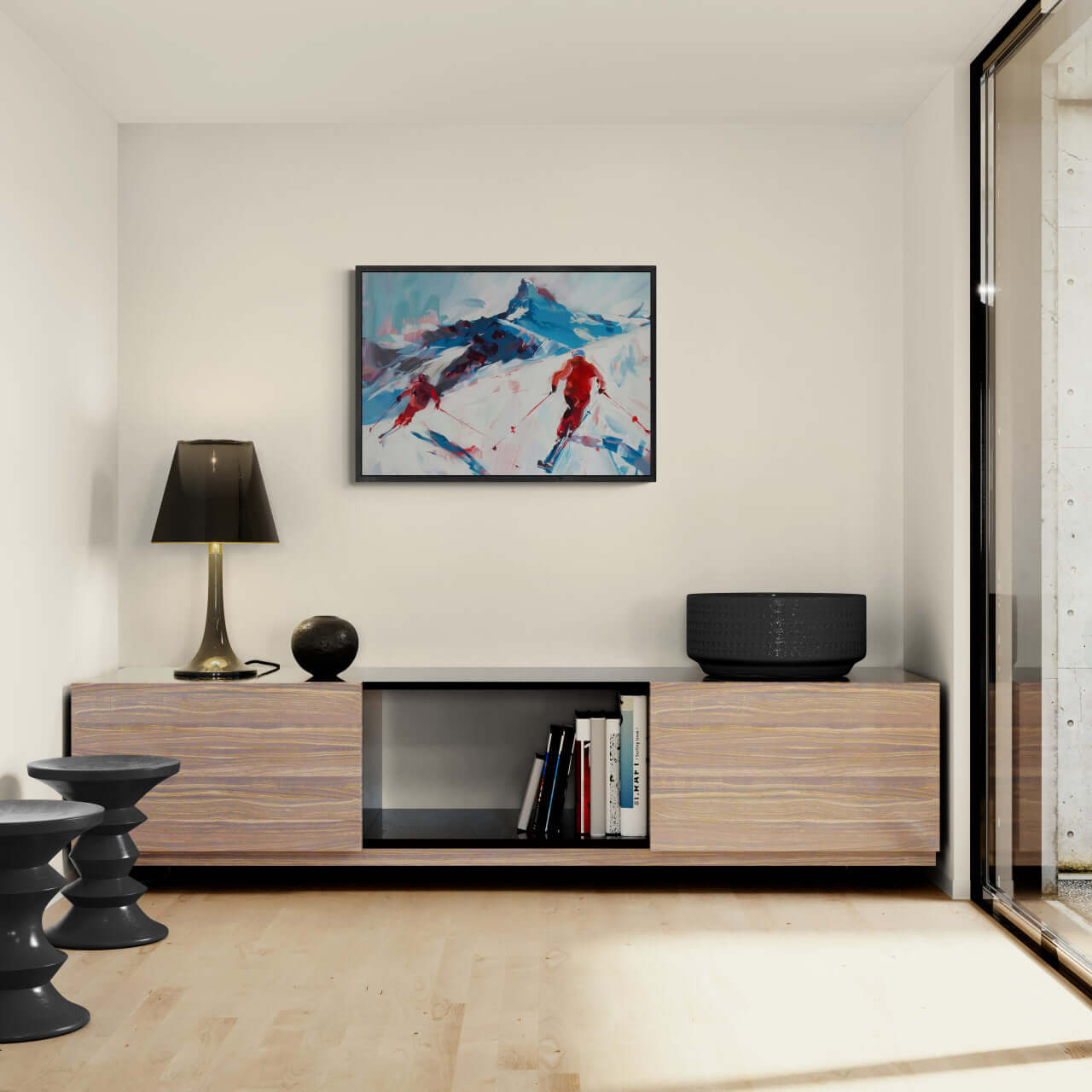 Two skiers on the mountain - Poster displayed in a modern living room interior, highlighting dynamic alpine skiing art.