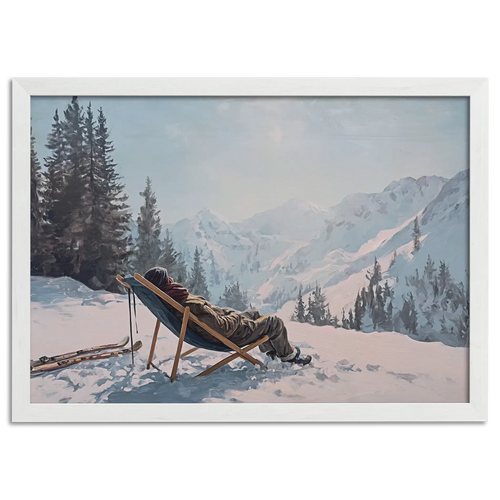 Alpine Winter Rest – Poster featuring a person relaxing in the snow, admiring serene mountain peaks.