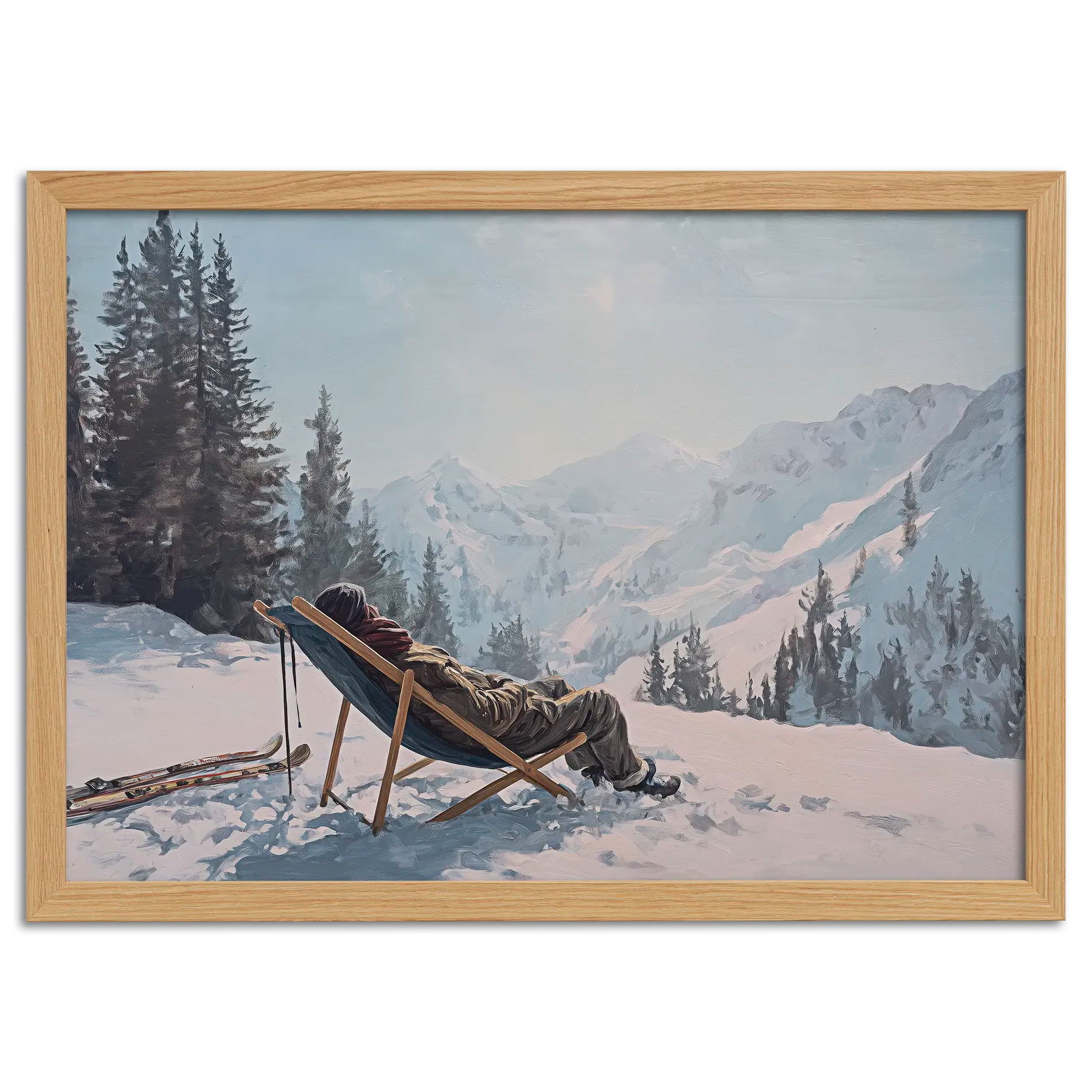 Alpine Winter Rest – Poster featuring a person relaxing on a deck chair with snowy mountain peaks and serene nature.
