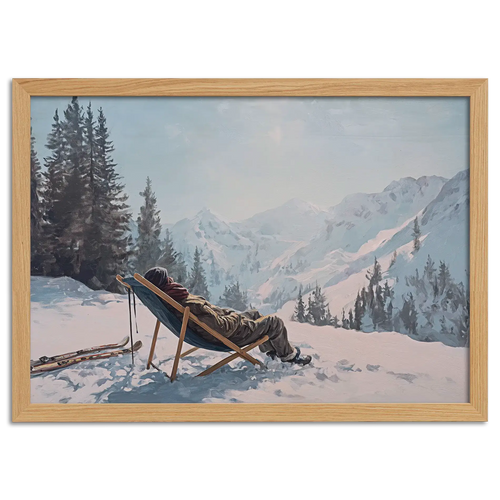 Alpine Winter Rest – Poster featuring a person relaxing on a deck chair with snowy mountain peaks and serene nature.