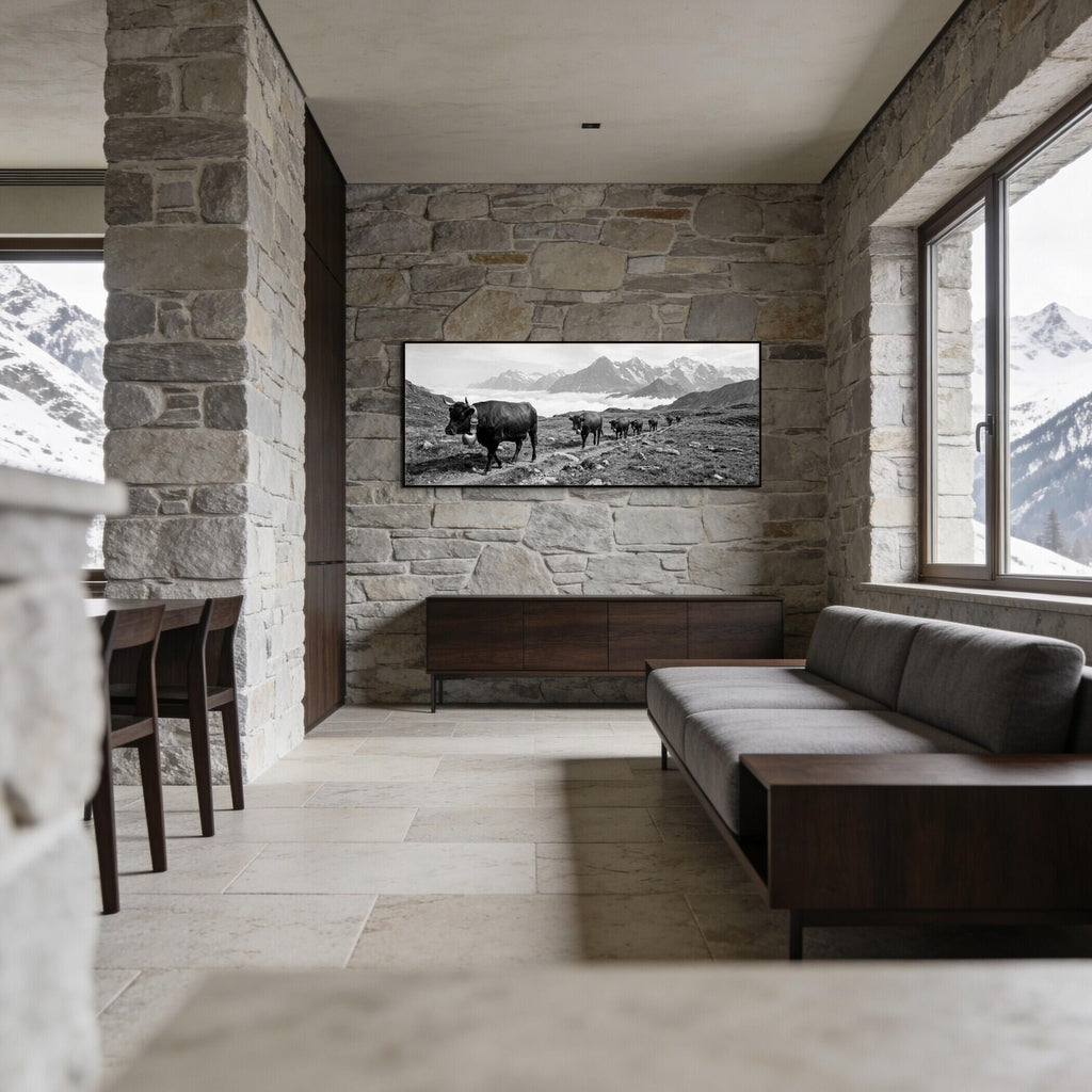 Alpine Bell Cows – Alu-Dibond wall art displayed in a modern interior with mountain views, enhancing wall decor.