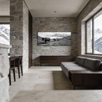 Alpine Bell Cows – Alu-Dibond wall art displayed in a modern interior with mountain views, enhancing wall decor.
