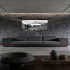 Alpine Bell Cows – Alu-Dibond wall art displayed above a modern sofa in a stylish interior.