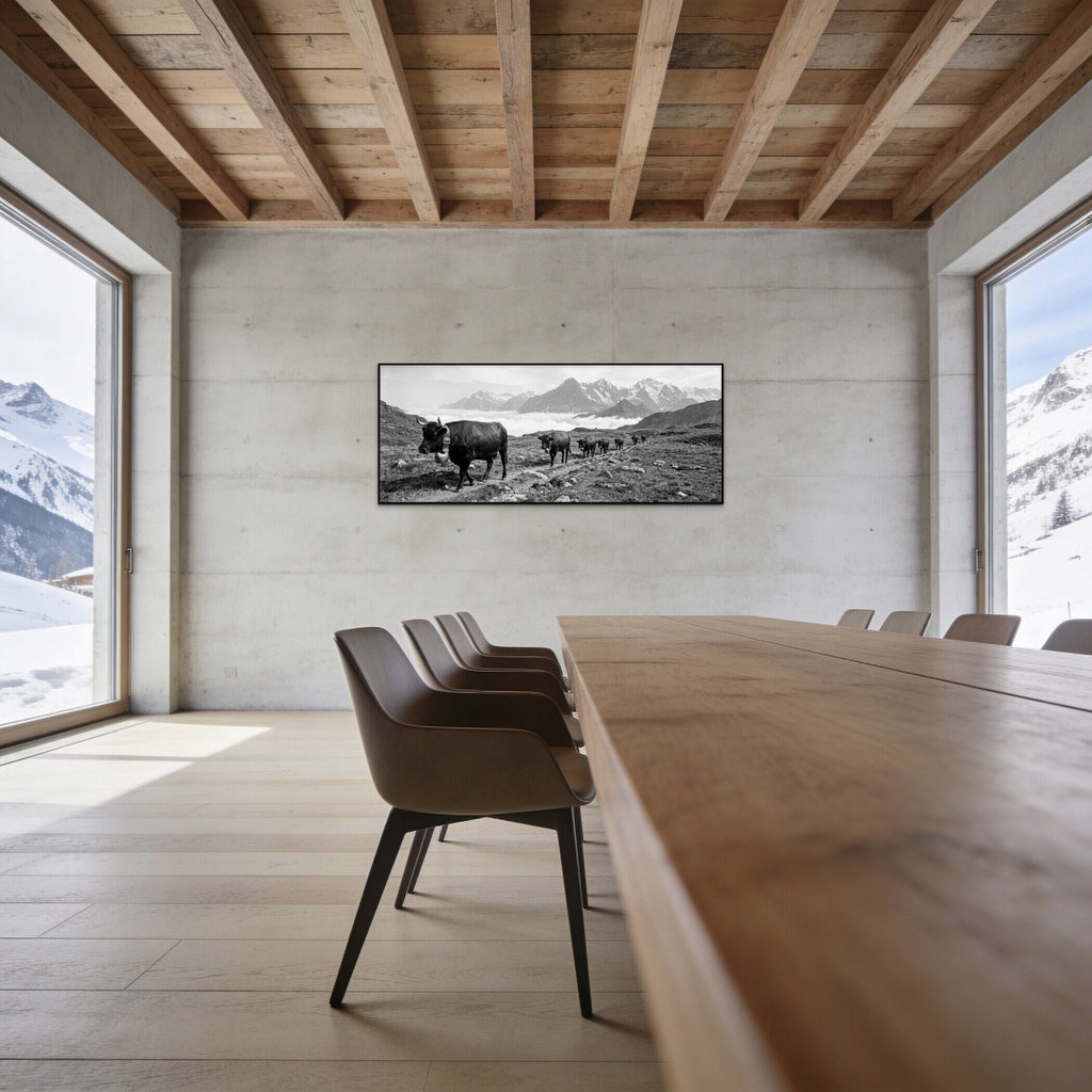 Alpine Bell Cows – Alu-Dibond wall art displayed in a modern mountain-view dining room, enhancing the wall decor.