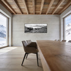 Alpine Bell Cows – Alu-Dibond wall art displayed in a modern mountain-view dining room, enhancing the wall decor.