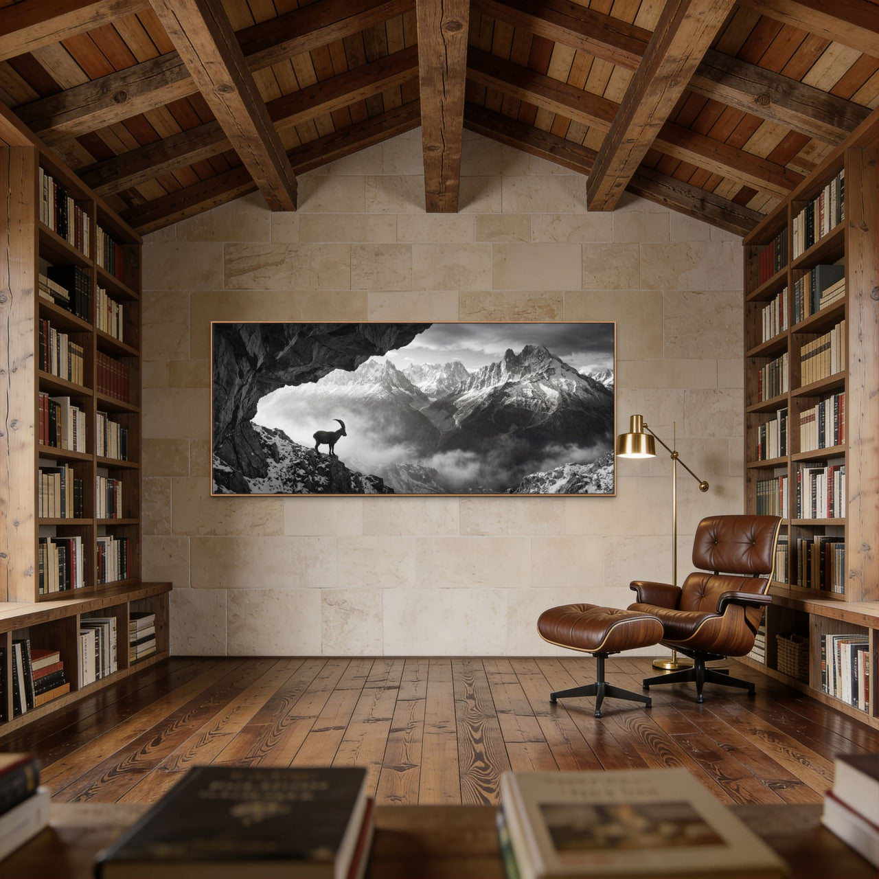 Alpine Ibex Stillness – Alu-Dibond wall art featuring a solitary ibex in a mountain cave.