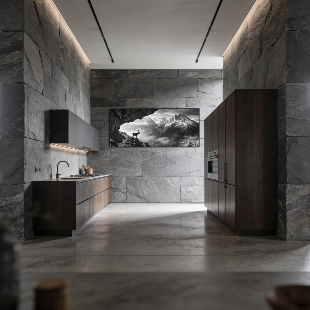 Alpine Ibex Stillness – Alu-Dibond wall art displayed in a modern kitchen interior with sleek finishes.