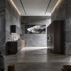 Alpine Ibex Stillness – Alu-Dibond wall art displayed in a modern kitchen interior with sleek finishes.