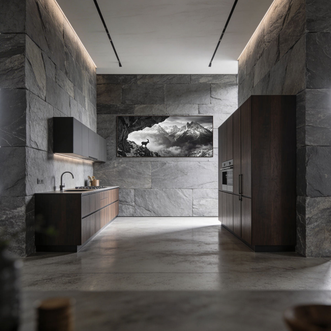 Alpine Ibex Stillness – Alu-Dibond wall art displayed in a modern kitchen interior with sleek finishes.