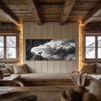 Alpine Ibex Stillness – Alu-Dibond wall art in a cozy wooden cabin with mountain backdrop.