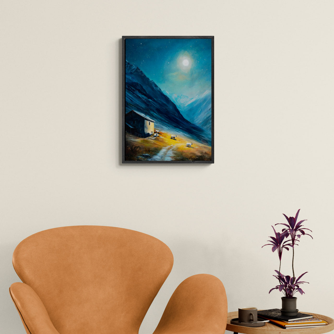 Alps Afterglow - Poster depicting a serene moonlit night with a mountain house and goats in a cozy interior setting.