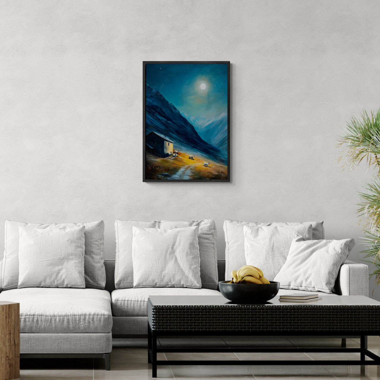 Alps Afterglow - Poster showcasing a peaceful moonlit night in the Alps with a mountain house and grazing goats.