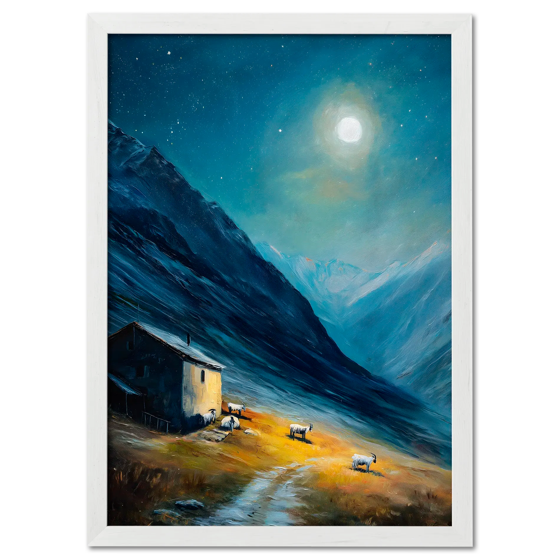 Alps Afterglow - Poster showcasing a moonlit night with a mountain house and grazing goats in serene alpine scenery.