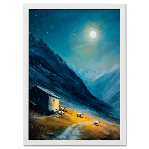 Alps Afterglow - Poster showcasing a moonlit night with a mountain house and grazing goats in serene alpine scenery.