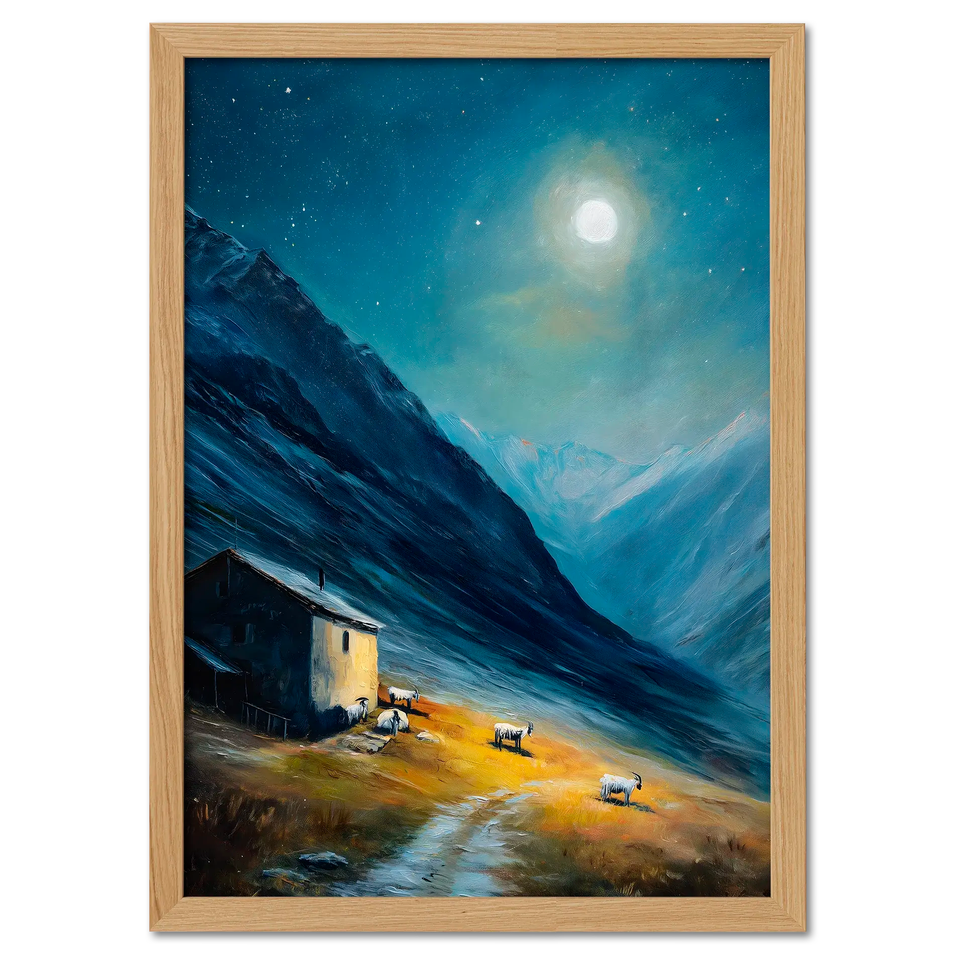 Alps Afterglow - Poster featuring a moonlit night in the Alps with a mountain house and grazing goats.