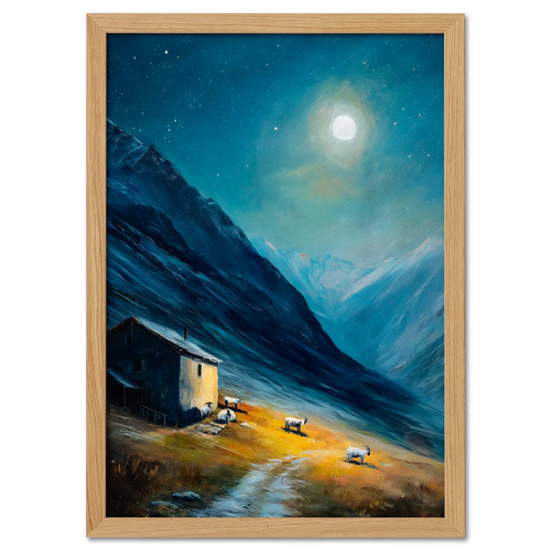 Alps Afterglow - Poster featuring a moonlit night in the Alps with a mountain house and grazing goats.