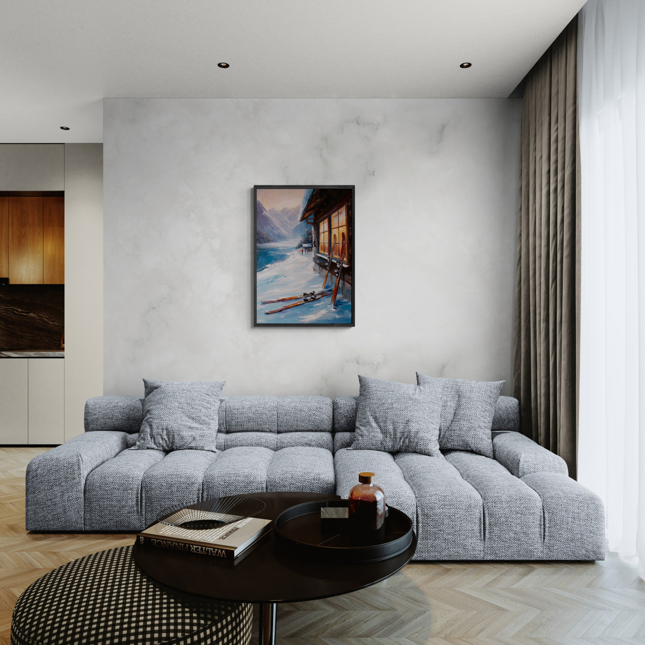 Alps Après - Poster displayed in modern living room with cozy seating and natural light.