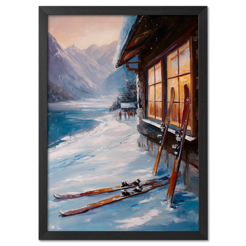 Alps Après - Poster showcasing a cozy alpine lodge with skis, warm light, and serene winter landscape.