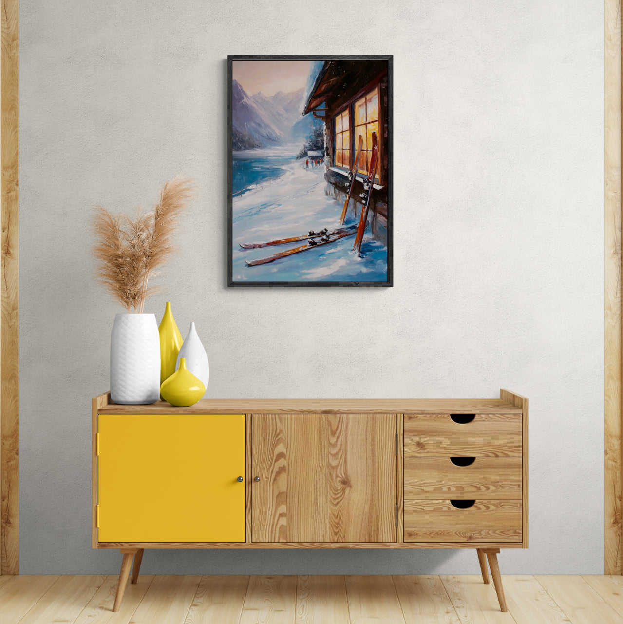 Alps Après - Poster depicting a cozy alpine scene with skis against a wooden lodge and snow-covered mountains.