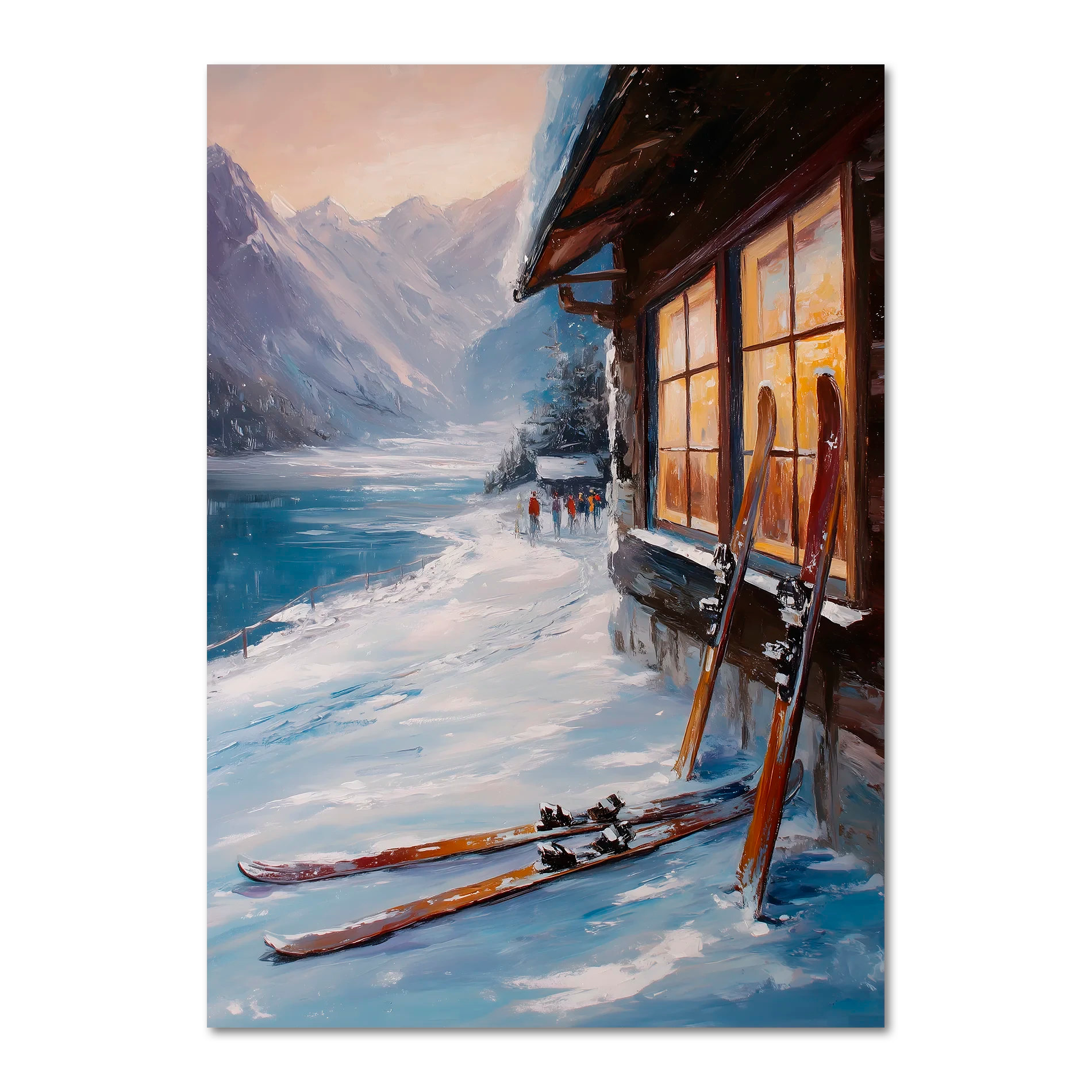 Alps Après - Poster depicting a cozy wooden lodge with skis, glowing window, and snow-covered mountains.