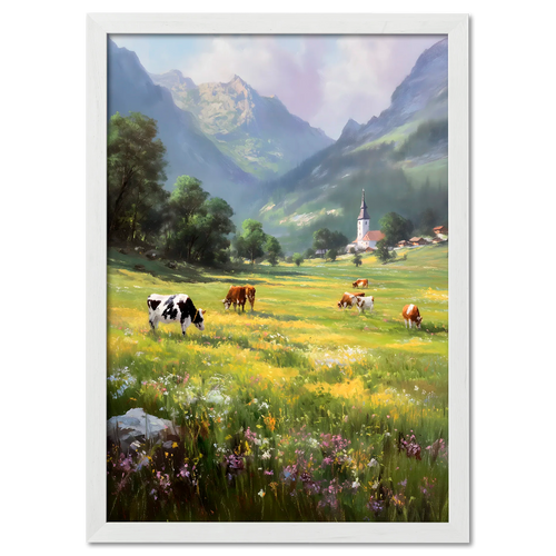Alps Bellfield - Poster featuring a serene alpine meadow with grazing cows and a traditional village church.