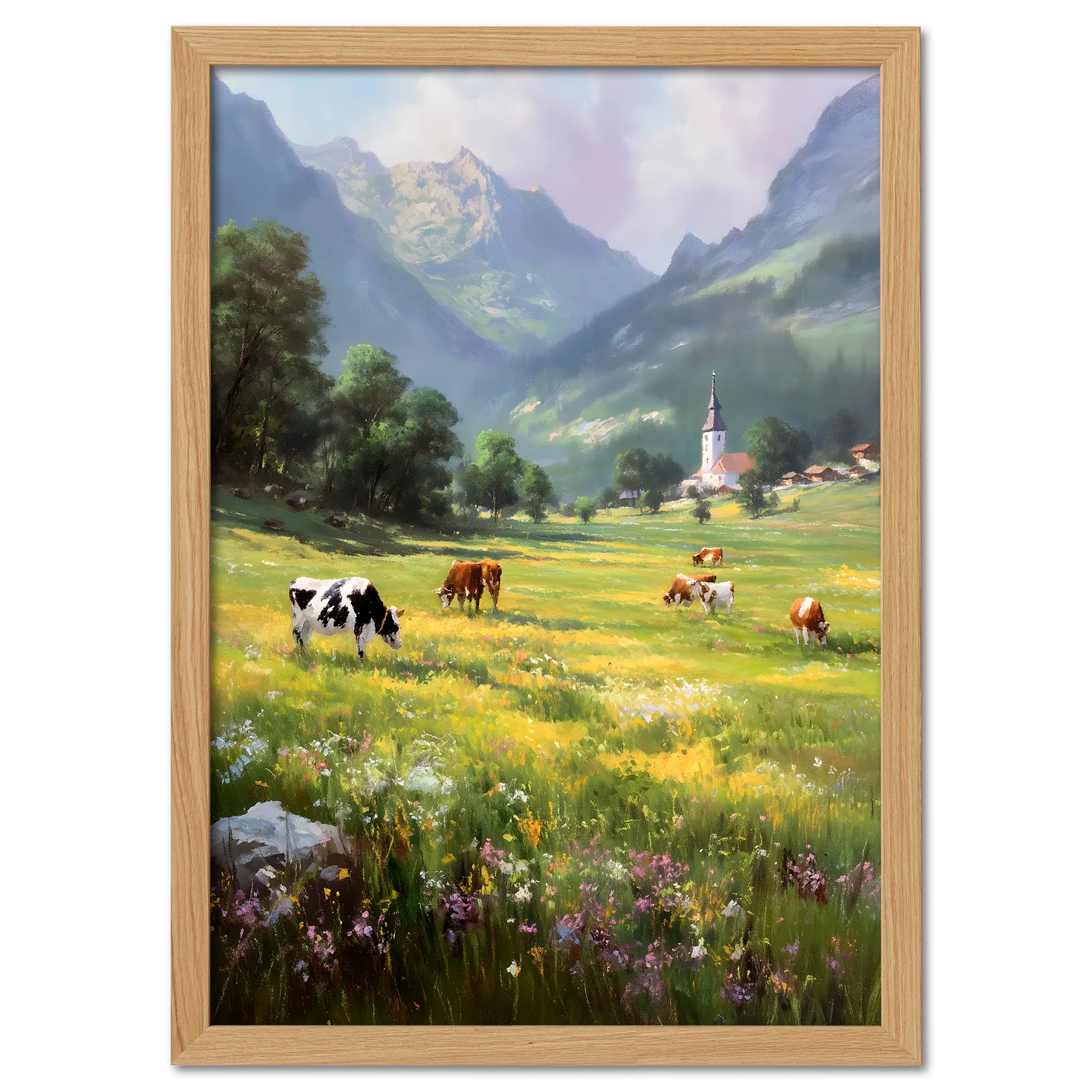 Alps Bellfield - Poster depicting cows grazing in a sunny alpine meadow with a village church and mountains in the background.