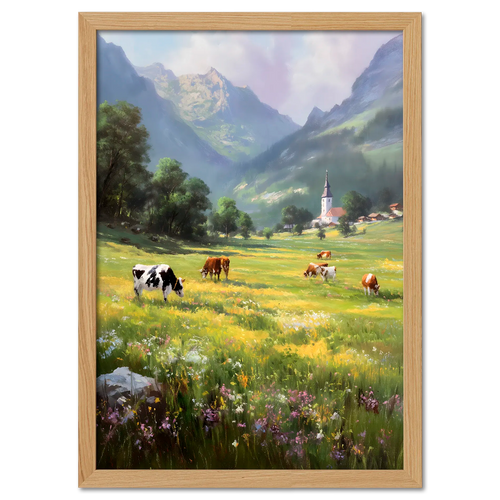 Alps Bellfield - Poster depicting cows grazing in a sunny alpine meadow with a village church and mountains in the background.