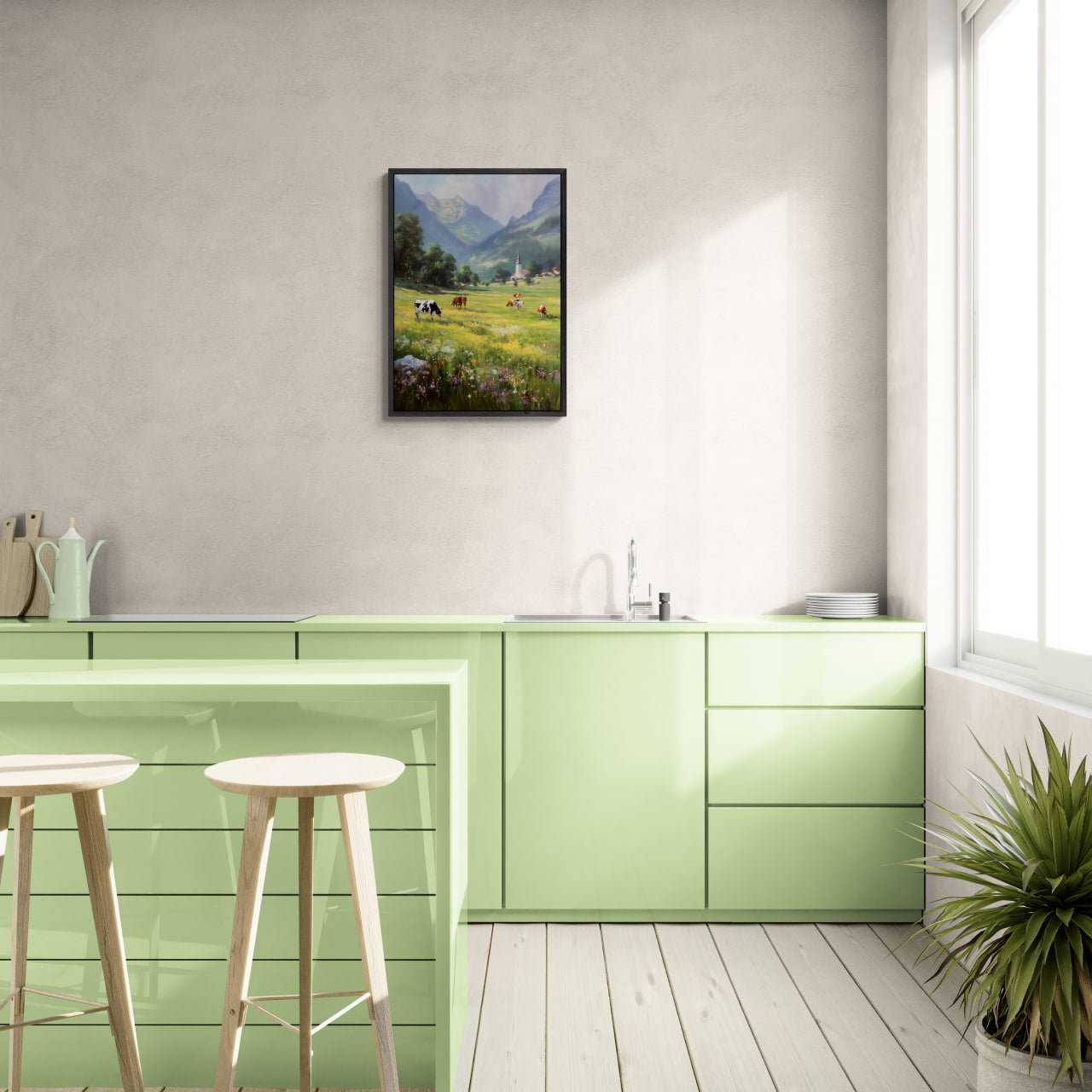 Alps Bellfield - Poster hanging in a modern kitchen with green cabinets and natural light.