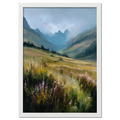 Alps Bloom - Poster featuring a calm alpine valley bathed in soft morning light with wildflowers and mountains.