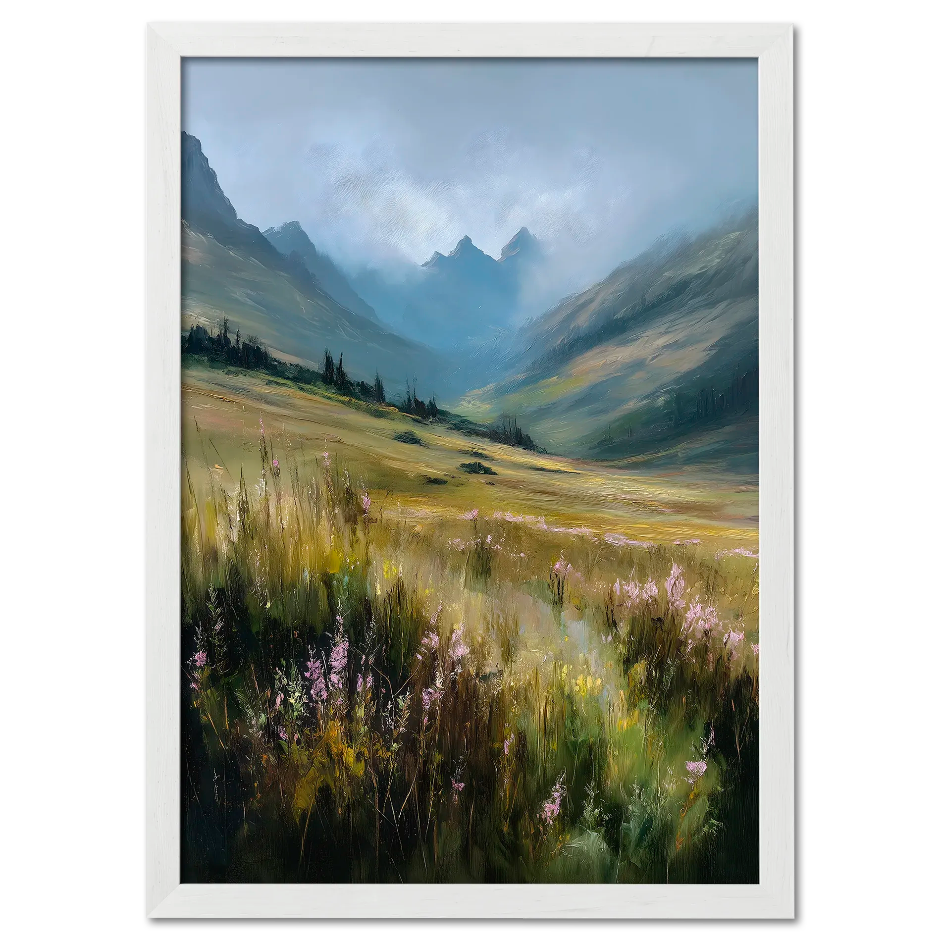 Alps Bloom - Poster featuring a calm alpine valley bathed in soft morning light with wildflowers and mountains.