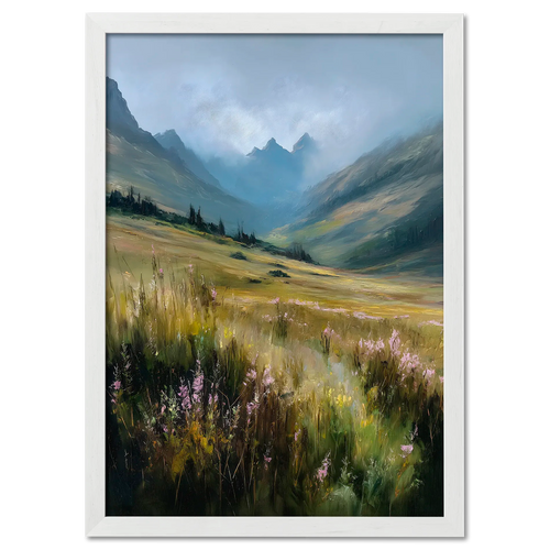 Alps Bloom - Poster featuring a calm alpine valley bathed in soft morning light with wildflowers and mountains.