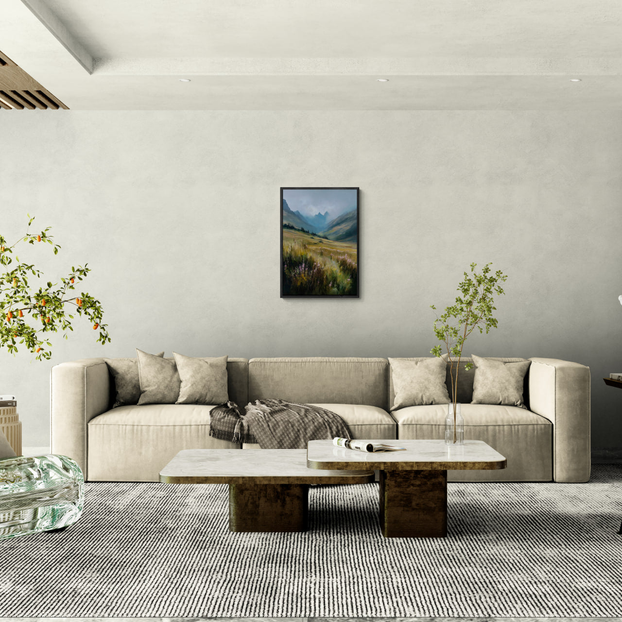 Alps Bloom - Poster displayed above a modern sofa in a minimalist living room with soft decor.