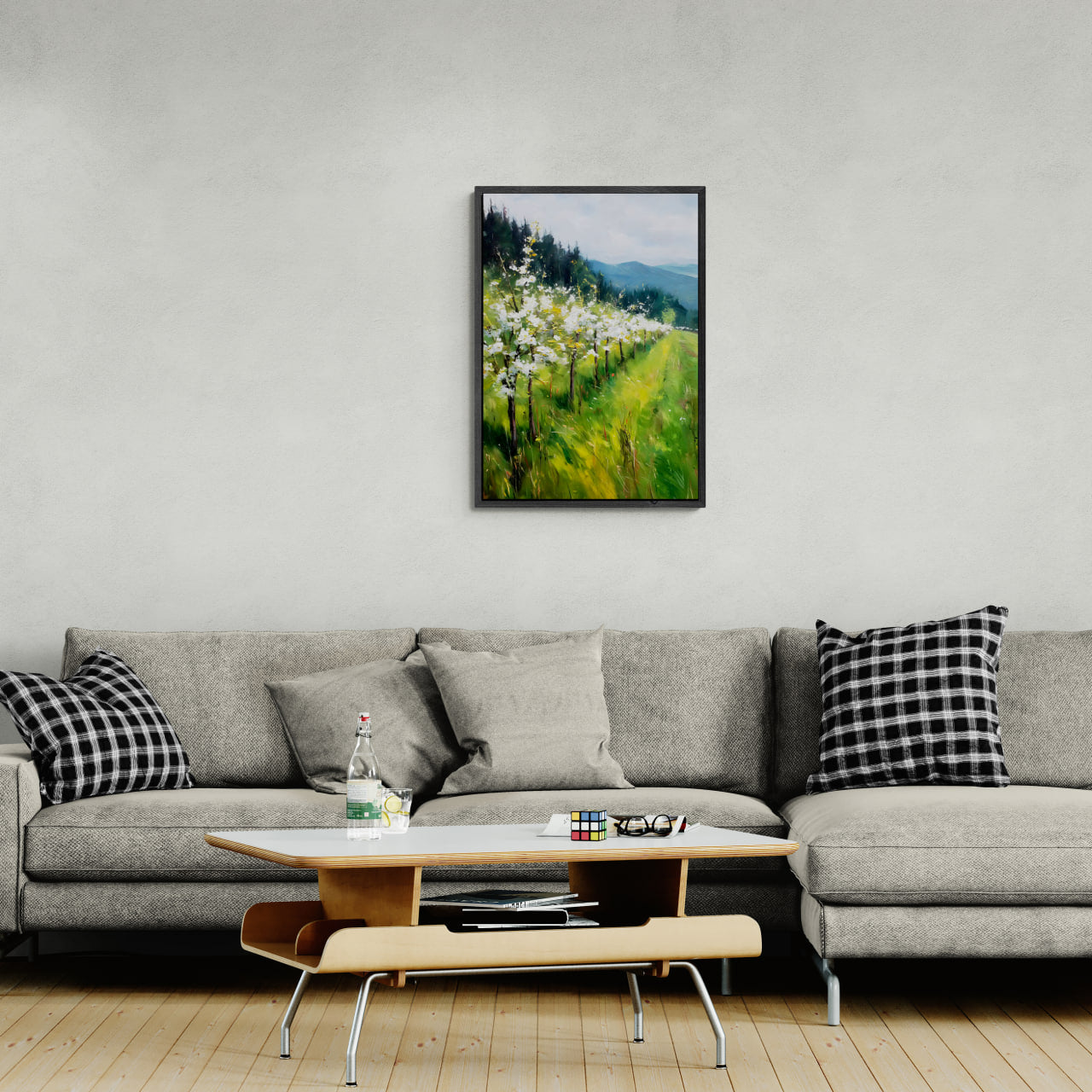 Alps Bloom - Poster featuring blooming trees in a spring landscape, perfect wall art for modern interiors.