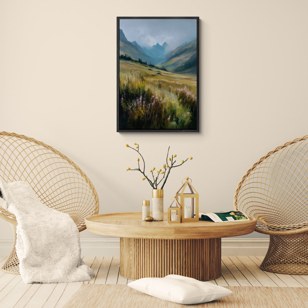 Alps Bloom - Poster featuring a serene alpine valley with mist and wildflowers in a modern living room.