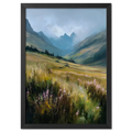 Alps Bloom - Poster featuring a serene alpine valley with wildflowers under soft morning light.