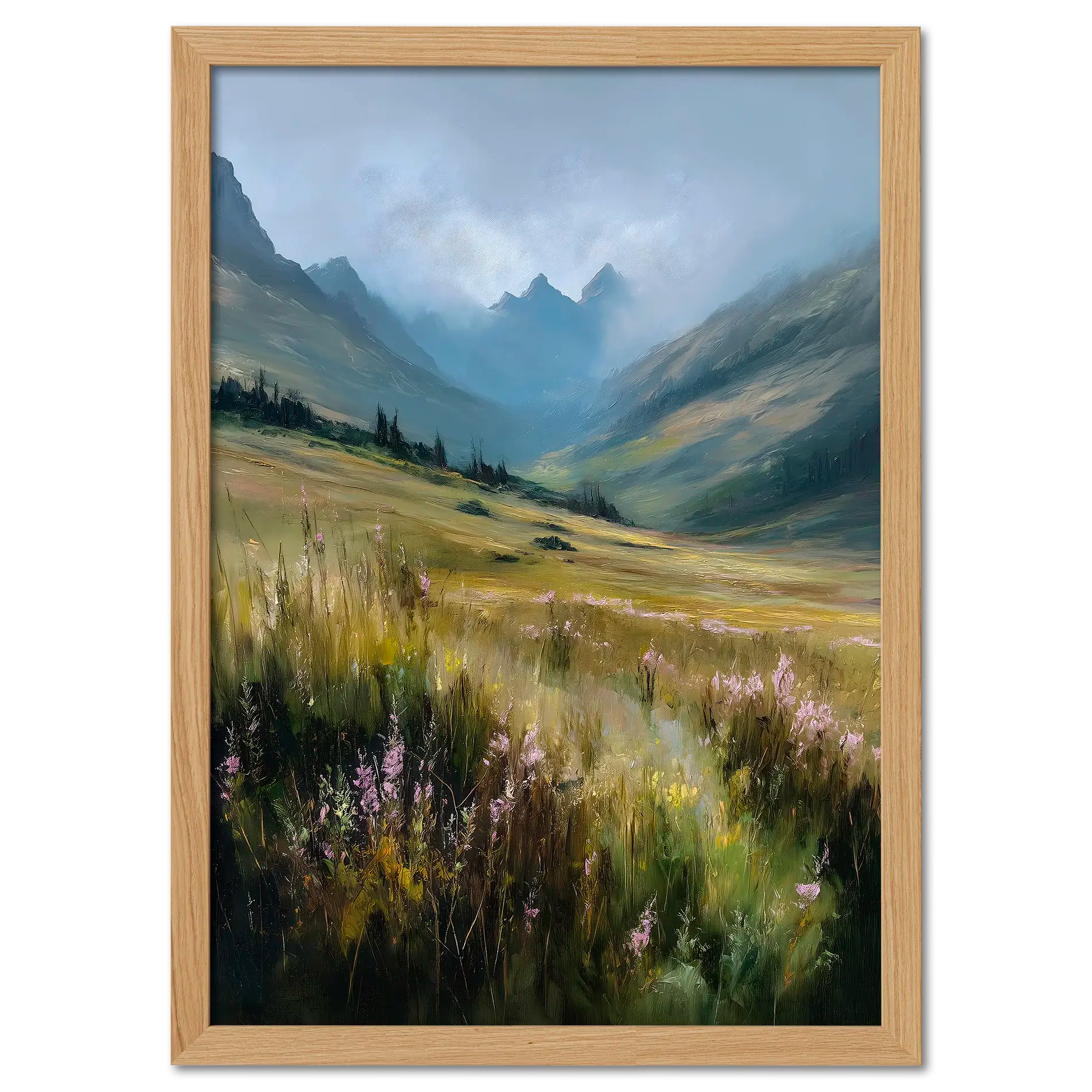 Alps Bloom - Poster featuring a calm alpine valley with soft morning light and wildflowers, perfect for modern interiors.