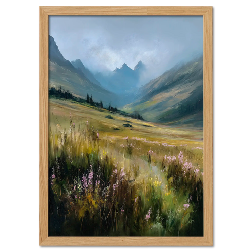Alps Bloom - Poster featuring a calm alpine valley with soft morning light and wildflowers, perfect for modern interiors.