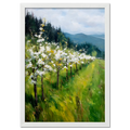 Alps Bloom - Poster showcasing blooming trees on a green meadow with gentle hills in the background.